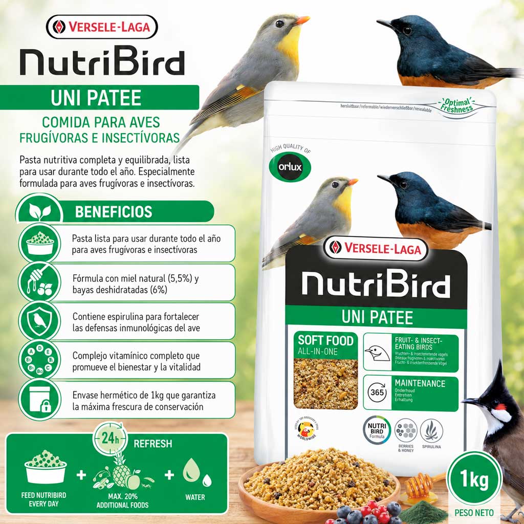Nutribird Orlux Uni Patee - Comida para Aves Frugívoras e Insectívoras Versele-Laga 1kg - Imagen 3