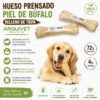 Infografía con los beneficios y características de Hueso Prensado de Piel de Búfalo Relleno de Tripa Arquivet