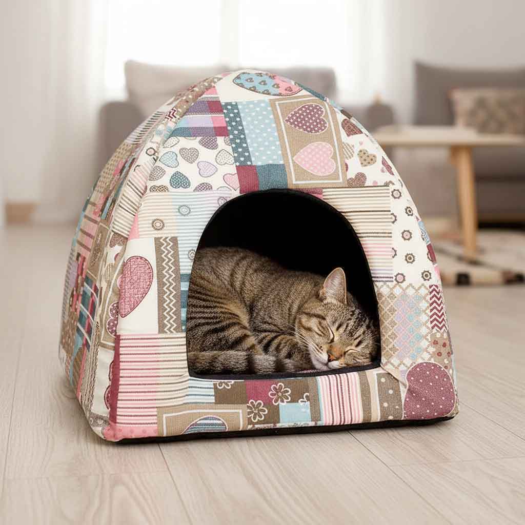 Gato descansando en iglú para perros y gatos con estampado de corazones y rayas, cama cerrada y acogedora para mascotas