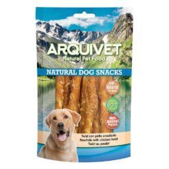 Bolsa de snack de pollo para perros Arquivet TWIST:. Premios 100% naturales, light y altos en proteína para la salud dental.