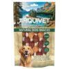 Arquivet Piruleta de pollo, pato y ternera para perros. Bolsa de chuches para perros naturales con un golden retriever sonriendo y montañas al fondo.