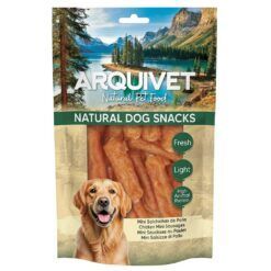 Paquete de Mini Salchicha para perros de Pollo Arquivet de snack natural, light y alto en proteína, con imagen de un golden retriever feliz.