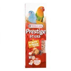 Barritas agapornis Versele-Laga Prestige Sticks con topping de nueces y pasas, snack natural de 2x60gr para loros pequeños.