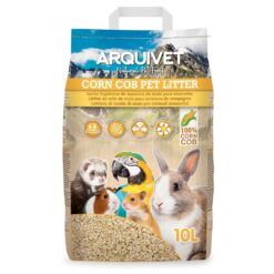 Bolsa de 10L de Lecho de Maíz para Mascotas Arquivet Corn Cob Pet Litter con ilustraciones de un hurón, cobaya, hámster, conejo y loro, destacando sus propiedades de super absorción y control de olores.
