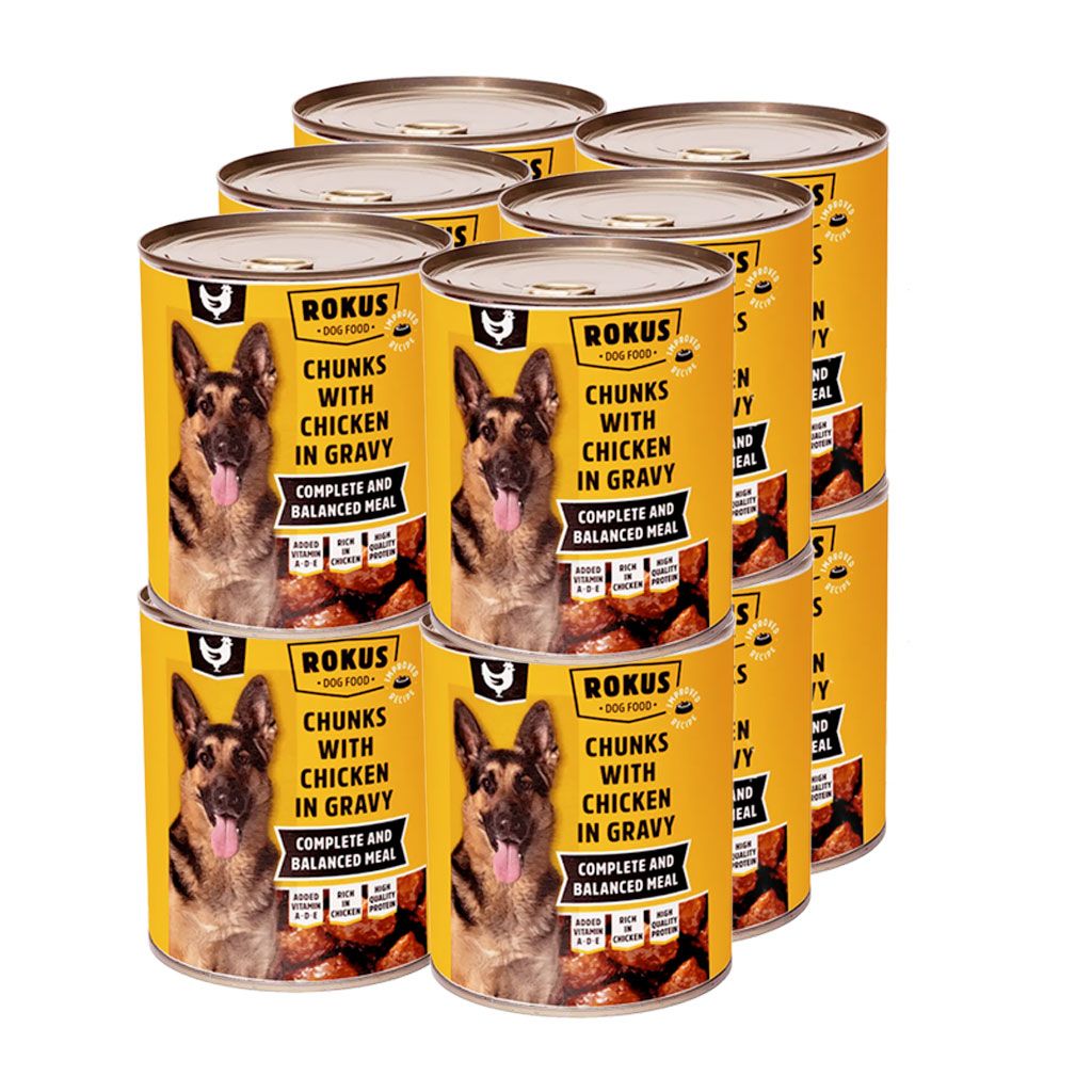 Pack de 12 unidades de lata de alimento húmedo para perro Rokus con trozos de pollo en salsa, nutrición balanceada.