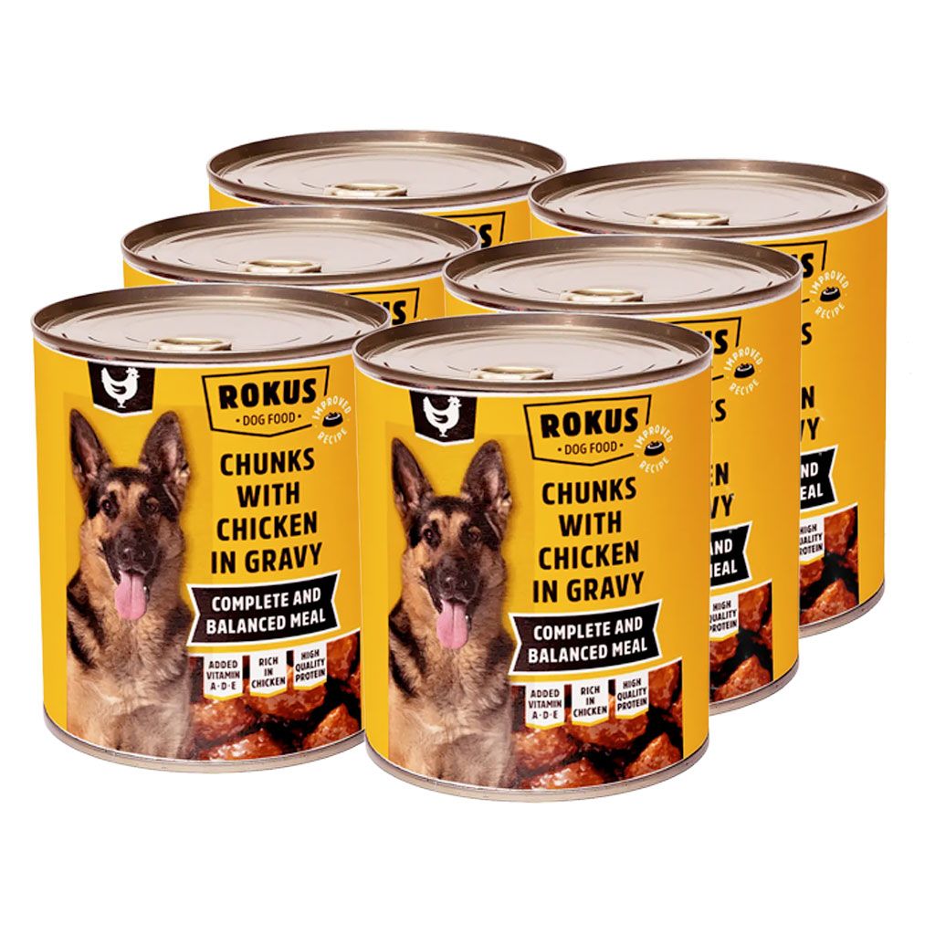 Pack de 6 latas de alimento húmedo para perro Rokus, con pollo de alta calidad para una comida completa y balanceada.