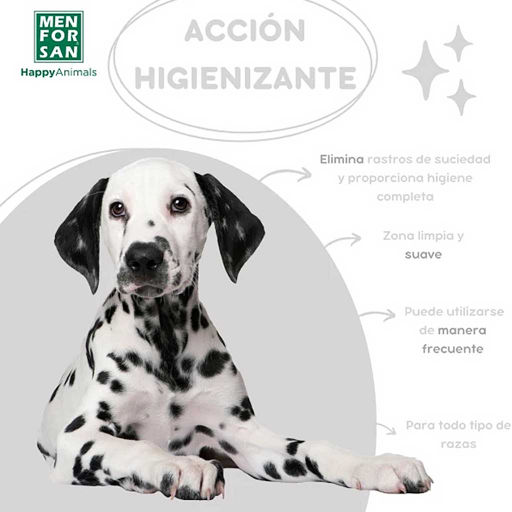 Cachorro de dálmata ilustrando los beneficios del limpiador facial para perros: acción higienizante y suave para uso frecuente.