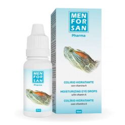 Frasco y caja de gotas para los ojos de tortugas Menforsan 15ml, fórmula hidratante con Vitamina A para cuidado ocular.