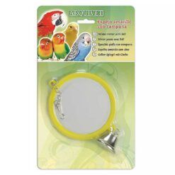 Espejo para pájaros marca Arquivet en su empaque, de color amarillo y con una campana de metal incorporada.