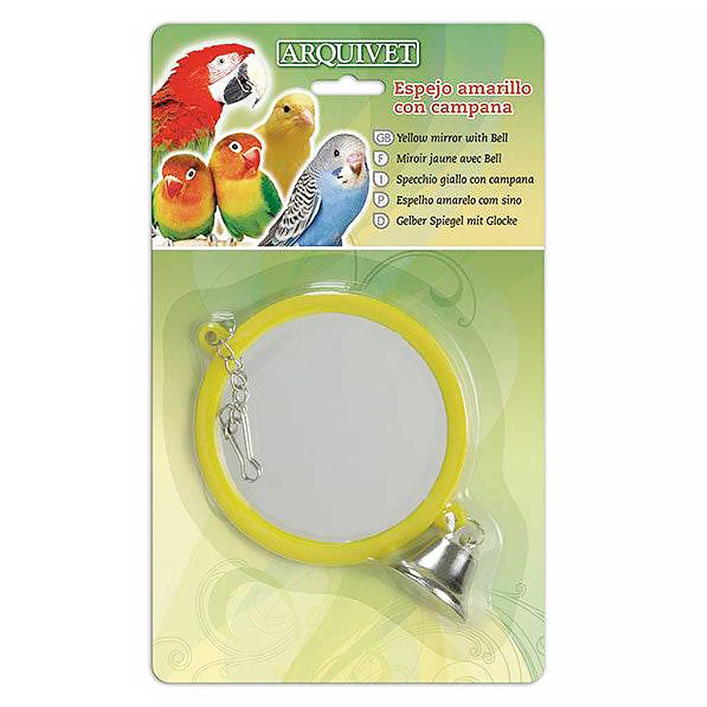 Espejo para pájaros marca Arquivet en su empaque, de color amarillo y con una campana de metal incorporada.