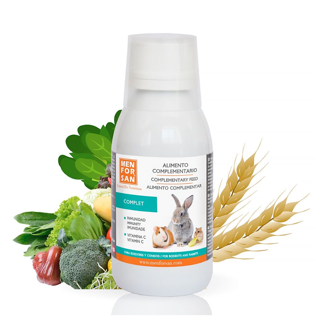 Botella de Menforsan Complet, el suplemento ideal de vitaminas para roedores y conejos.