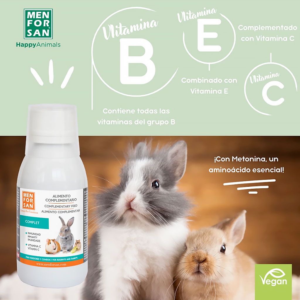 Composición de las vitaminas para roedores Menforsan con vitaminas B, E, C y aminoácidos.