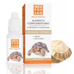 Producto Menforsan 30ml, alimento complementario para fortalecer caparazón tortugas con su caja.