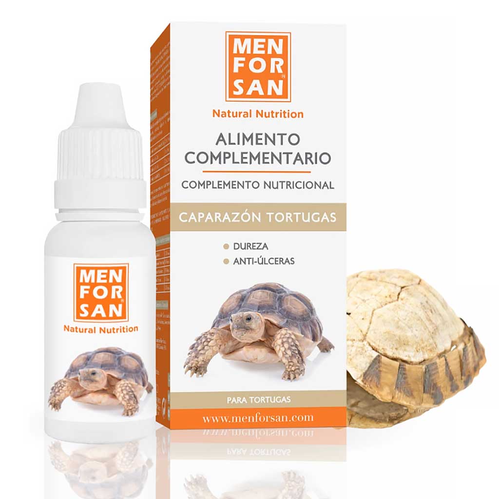 Producto Menforsan 30ml, alimento complementario para fortalecer caparazón tortugas con su caja.