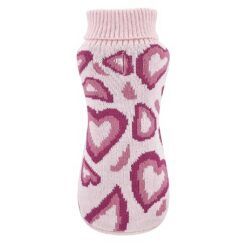 Vista superior detallada del jersey de punto para perro rosa con un estampado de corazones en tonos burdeos y rosados.