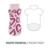 Esquema y vista frontal del jersey de punto para perro rosa, mostrando el diseño con cuello elástico y sin mangas.