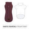 Esquema técnico que muestra el diseño y corte frontal del jersey para perros de punto trenzado.