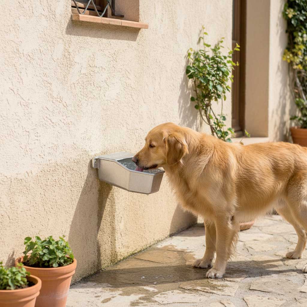 Golden retriever bebiendo del bebedero automático para perro Gaun instalado en una pared exterior.