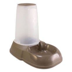 Vista frontal del dispensador de pienso para perros Maya vacío, mostrando su doble funcionalidad para pienso o agua.