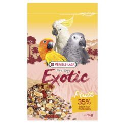 Empaque de 750gr de Versele-Laga Exotic Fruit, el alimento premium de frutas para loros exóticos.