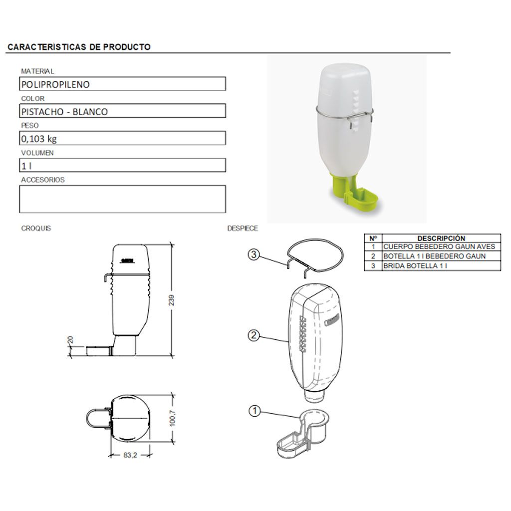 Ficha técnica de los bebederos de agua para pájaros de 1L Gaun con medidas y despiece de componentes.