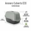 Infografía del arenero cubierto para gatos ECO con medidas, puerta abatible y hecho de plástico reciclado para máxima higiene.