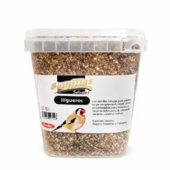 Envase de semillas para aves silvestres de la marca Prodac, fórmula especial para jilgueros y pájaros cantores.
