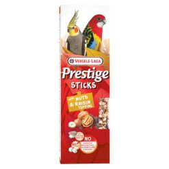 Empaque de las barritas de semillas para loros Prestige Sticks, con una ninfa y una rosella en la caja.