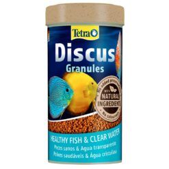Envase frontal del alimento para peces Gránulos Tetra Discus, nutrición avanzada para peces radiantes.