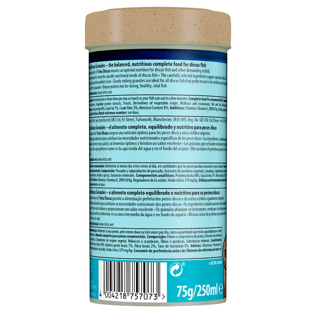 Información nutricional y composición detallada en la etiqueta trasera de los Gránulos Tetra Discus.