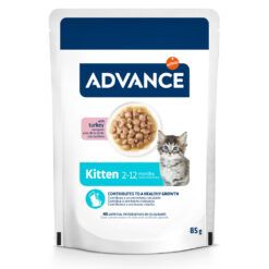 Sobre de Advance Kitten con pavo, alimento húmedo para gatitos de 2 a 12 meses para un crecimiento saludable.
