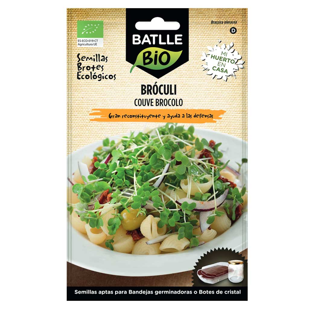 Sobre de semillas de Brócoli Ecológico Batlle para brotes y germinados con imagen de ensalada saludable