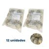Pack de 12 aros masticables con bacalao para perros Arquivet en sus bolsas transparentes y un aro suelto de muestra.