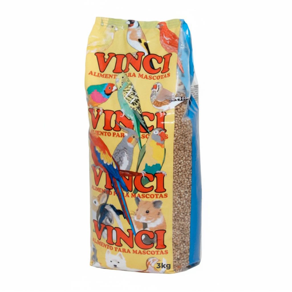 Bolsa de 3kg de Semillas de escarola para jilgueros Vinci y otros pájaros, con ilustraciones de diversas aves y animales pequeños sobre un fondo amarillo.