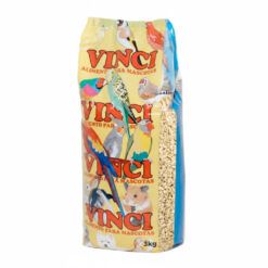 Bolsa de 3 kg de Semillas de Lechuga Blanca Vinci para pájaros con un diseño frontal que muestra ilustraciones de diversas aves exóticas y la marca Vinci.