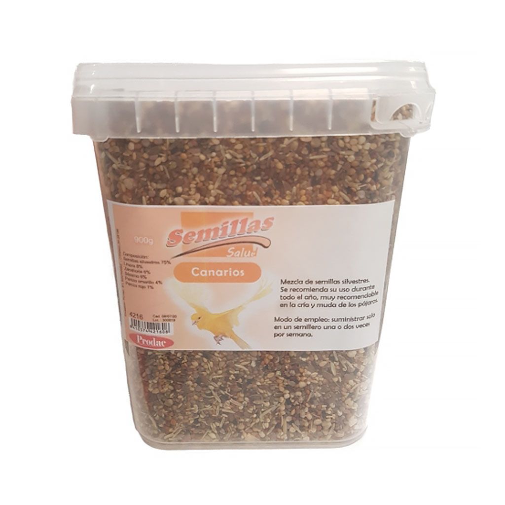 Envase de 900g de semilla de la salud para canarios Prodac, una mezcla de semillas silvestres para la vitalidad y el plumaje de aves.