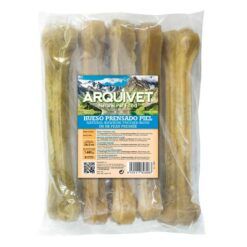 Pack de 5 huesos prensados para perros Arquivet de 26,5 cm en su bolsa transparente, snack natural de piel de vacuno para limpieza dental.