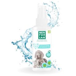 Bote de 60ml de eliminador de olores para perros Menforsan con fondo de salpicadura de agua.