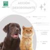 Infografía de la acción desodorante con pH neutro del eliminador de olores para perros.