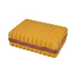 Juguete de látex para perros con diseño de galleta rellena de 11,5cm, color ocre y chocolate, ideal para masticación segura.