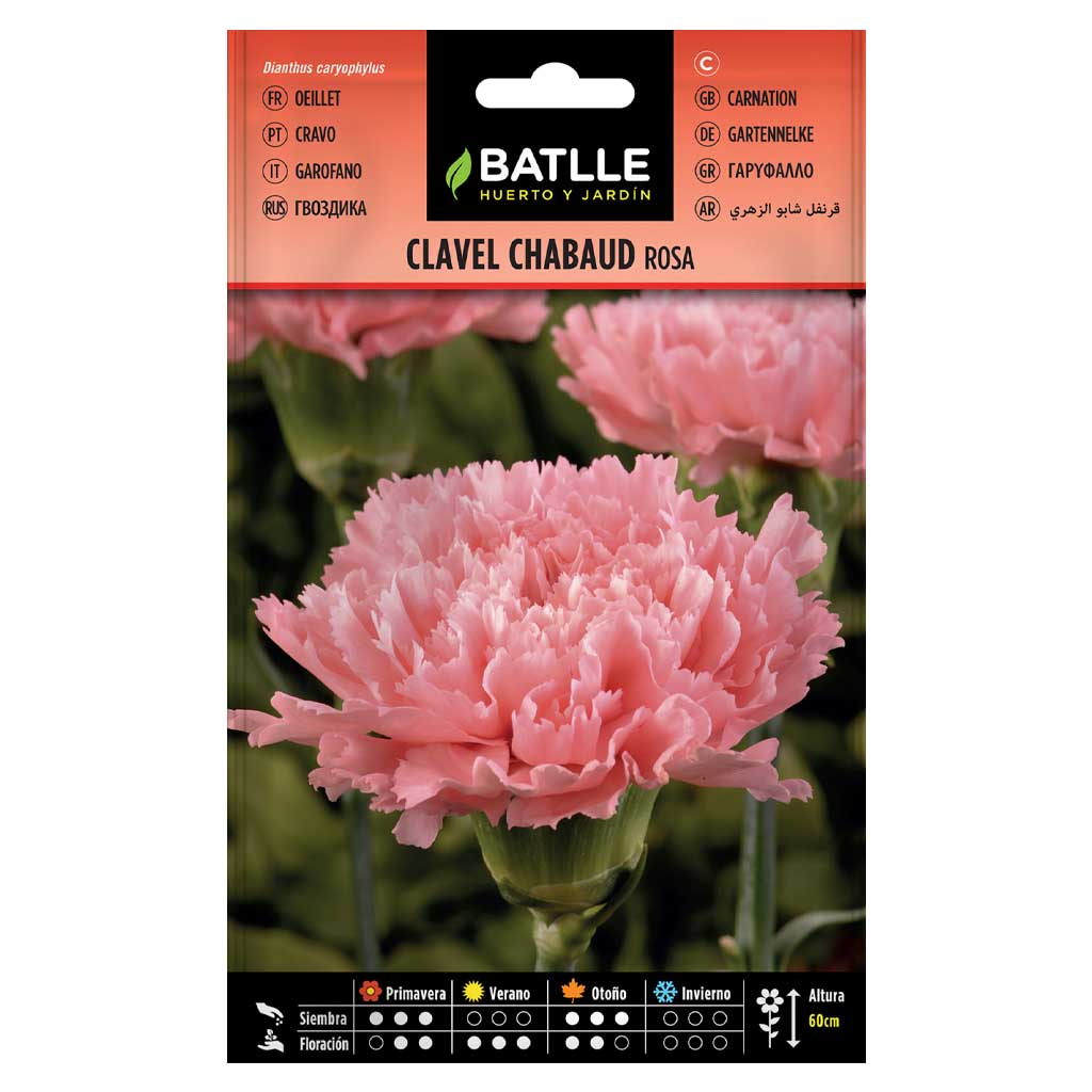 Sobre de semillas de Clavel Chabaud Rosa de la marca Batlle con flores rosas dobles.