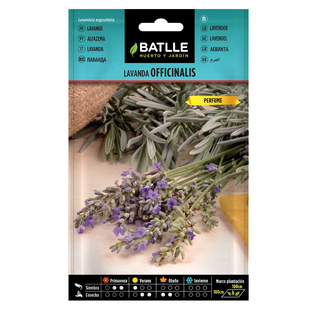 Sobre de semillas de Lavanda Officinalis Batlle con flores lilas y guía de cultivo.
