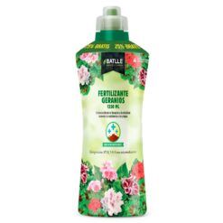 Botella de fertilizante para geranios Batlle 1250ml con flores rosadas y rojas