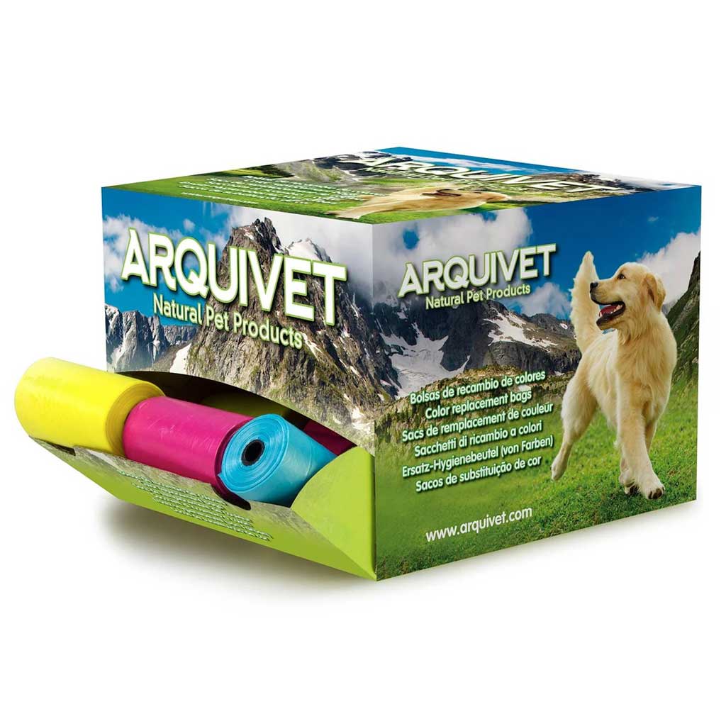 Caja expositora Arquivet con 50 rollos de bolsas para heces de perro.