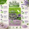 Infografía con beneficios de la arena tofu para gatos Sanimiaou con aroma a lavanda.