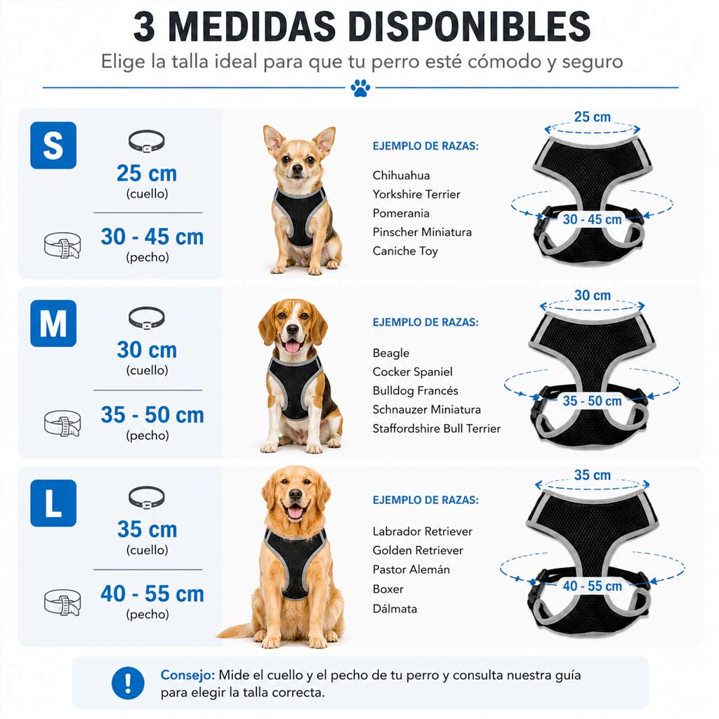 Tabla de medidas detallada para elegir el arnés para perros transpirable ideal.