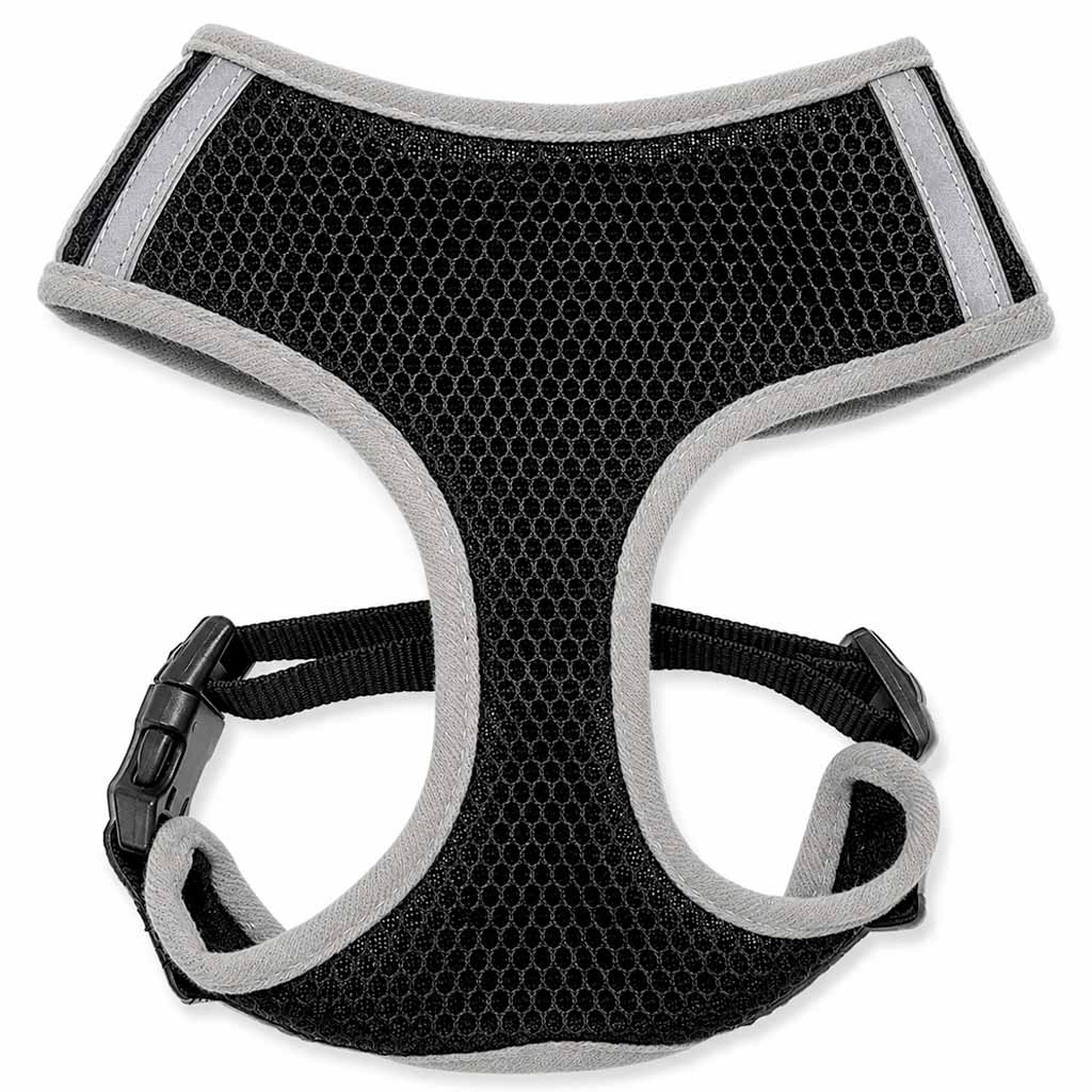 Arnés para perros transpirable en color negro con diseño ergonómico de malla.