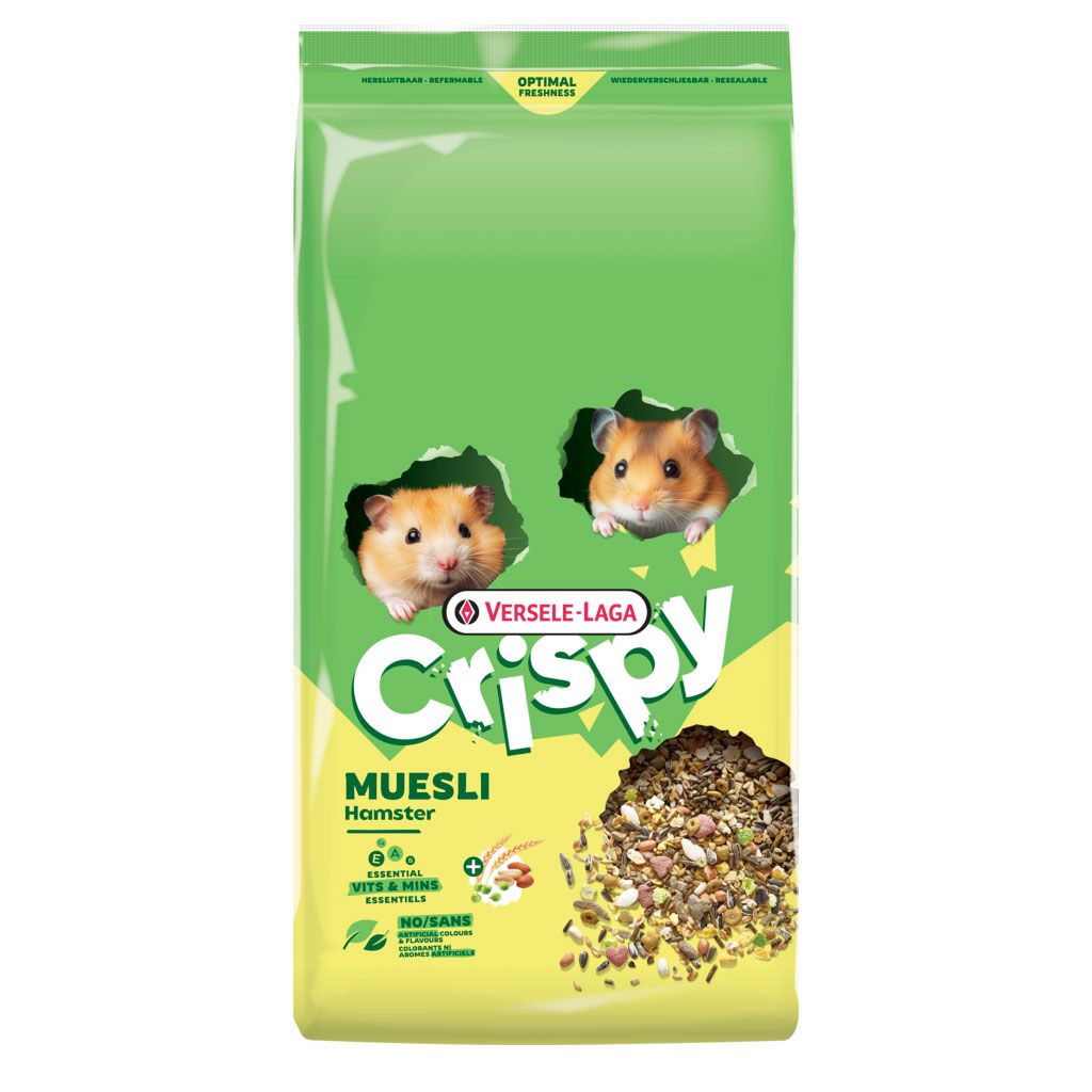 Envase frontal de Versele-Laga Crispy Muesli para hámsteres con diseño verde de 750gr