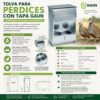 Ficha técnica y croquis con medidas del comedero tolva para perdices Gaun 30051