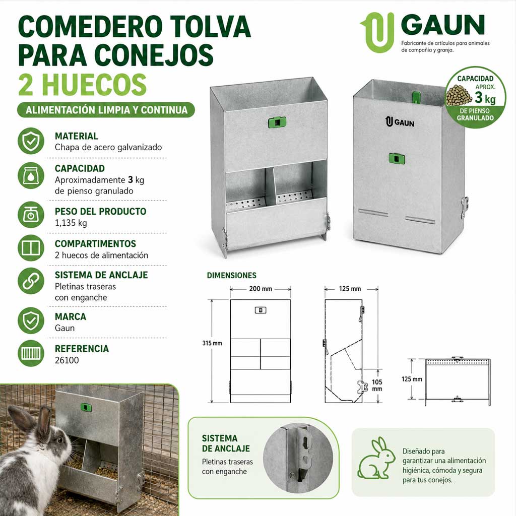 Esquema técnico y medidas del comedero tolva para conejos referencia 26100 Gaun